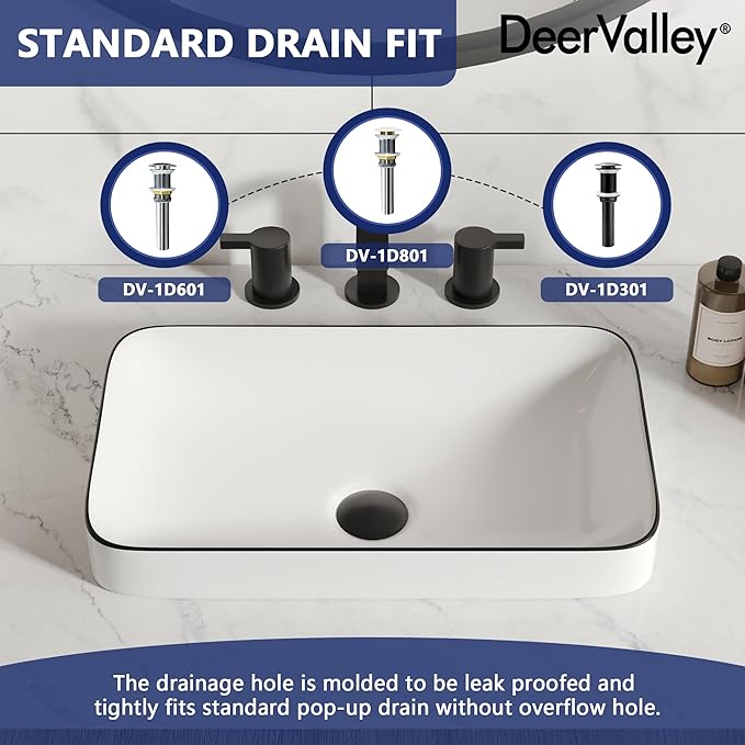 DeerValley 19x12 Inch White Semi Recessed Bathroom Vessel Sink with Black Rim, Ceramic Porcelain Rectangle Above Counter Vanity Sink Basin, DV-1V0235