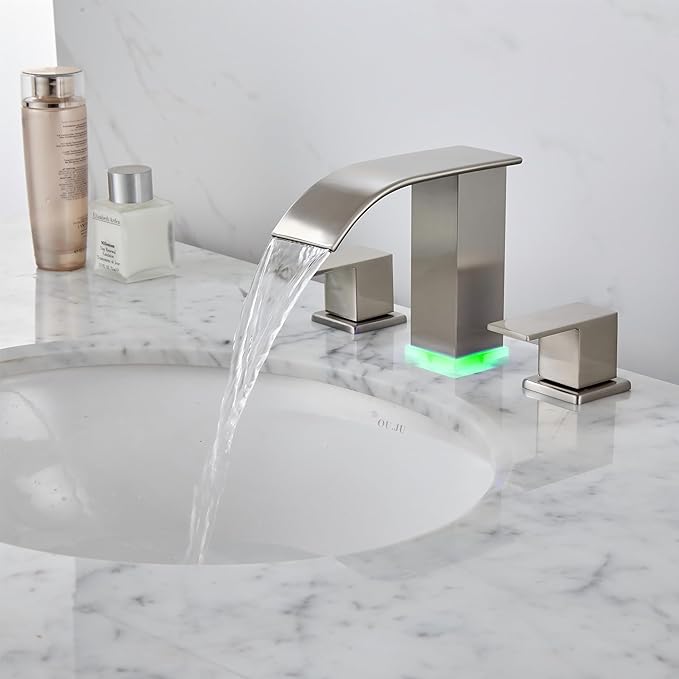 Bathroom faucets 3 Hole Brushed Nickel Vanity Faucet with led Waterfall Bathroom Faucet 3 Hole Sink Faucet Bathroom 8 inch Widespread Modern Parts Touch on 2 Handle