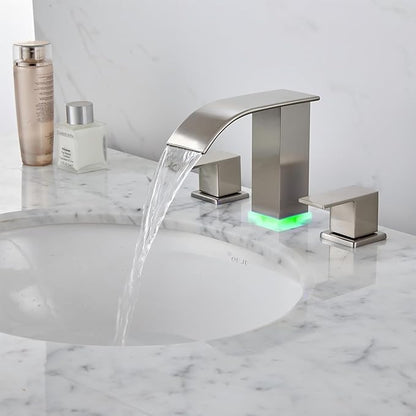 Bathroom faucets 3 Hole Brushed Nickel Vanity Faucet with led Waterfall Bathroom Faucet 3 Hole Sink Faucet Bathroom 8 inch Widespread Modern Parts Touch on 2 Handle