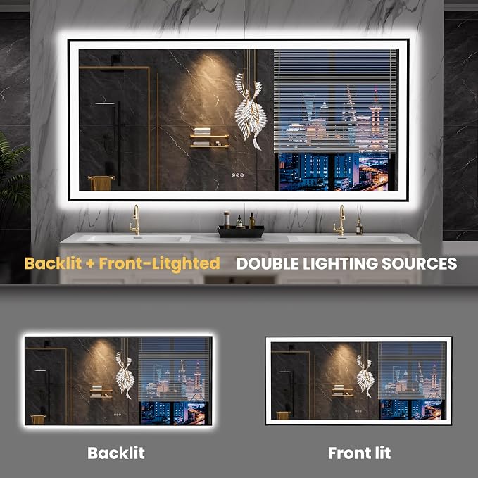 LOAAO 84"X32" LED Bathroom Mirror Black Framed | Anti-Fog, Dimmable, Memory Function, Tempered Glass, Lighted Vanity Mirror for Wall