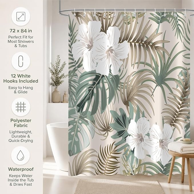 Tropical Shower Curtain for Bathroom, Green Palm Tree Flower Plant Boho Leaf Banana Monstera Sage Beige Shower Curtains Set, Fabric Bathroom Accessories with Hooks 72x84 Inch