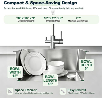 20 Inch Drop in Kitchen Sink, 9" Deep Single Bowl | 304 Stainless Steel Single Bowl with 2 Holes, R10 Tight Radius, Topmount Installation, for Modern Kitchen/RV Sink, Brushed