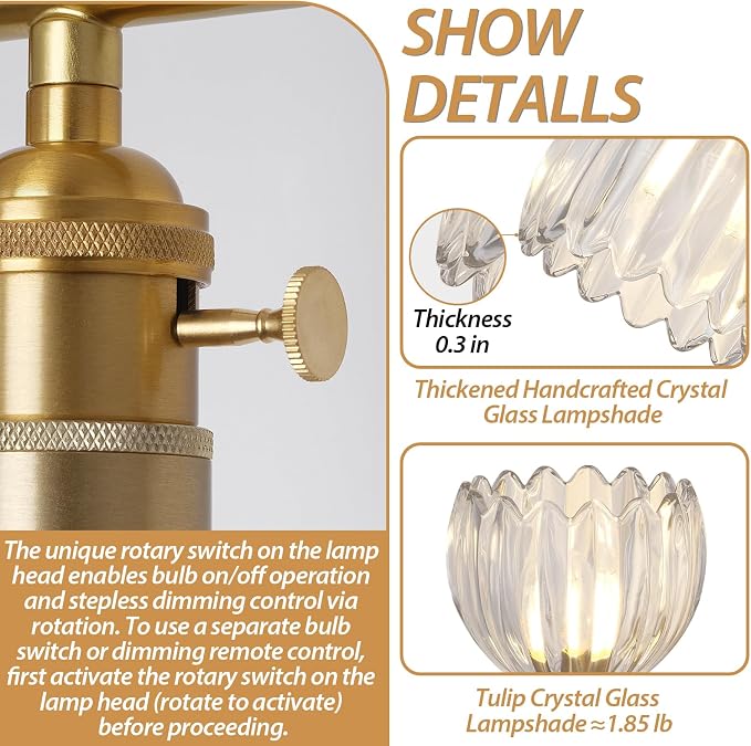 Gold 2 Light Bathroom Vanity Light,14.9in Modern Bathroom Lighting Fixtures Over Mirror with Tulip Crystal Glass Shade,Brass Vintage Vanity Lights for Bathroom Living Room Bedroom（not include bulbs)