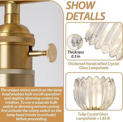 Gold 2 Light Bathroom Vanity Light,14.9in Modern Bathroom Lighting Fixtures Over Mirror with Tulip Crystal Glass Shade,Brass Vintage Vanity Lights for Bathroom Living Room Bedroom（not include bulbs)