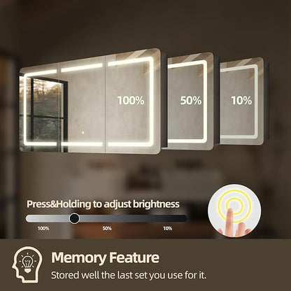 60''x32'' LED Bathroom Mirror Cabinet with Lights, Wall Mounted or Recessed Medicine Cabinet, Dimmable Front& Anti-Fog, Adjustable Shelves, Modern Aluminum Storage Cabinet (60x32 in | 3 Doors)