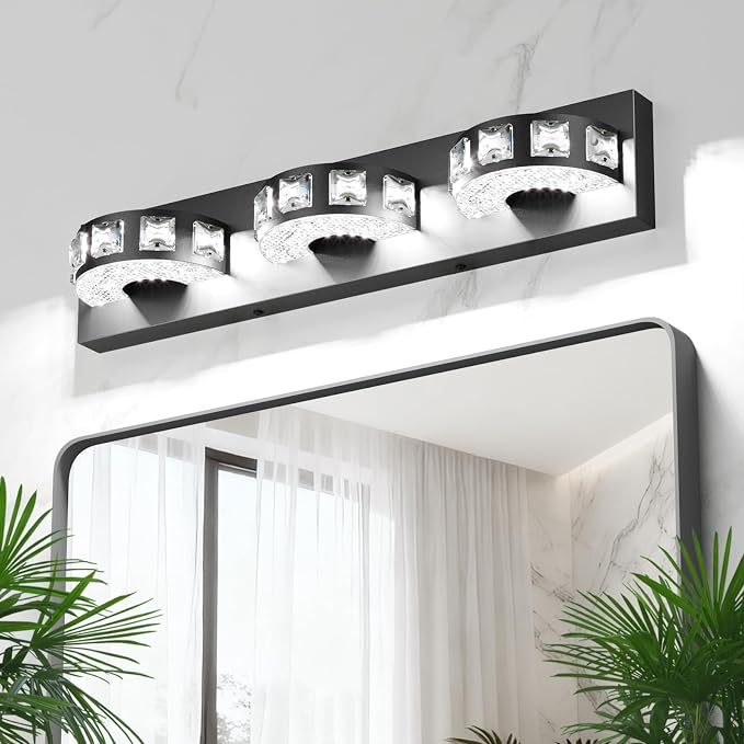 LED Modern Bathroom Vanity Light Fixtures (3-Light, 24W, 21.6-Inch), Matte Black Modern Crystal Bathroom Wall Lighting Fixtures Over Mirror (Cool White 5500K) for Apartment, Hotel