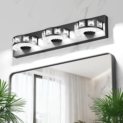 LED Modern Bathroom Vanity Light Fixtures (3-Light, 24W, 21.6-Inch), Matte Black Modern Crystal Bathroom Wall Lighting Fixtures Over Mirror (Cool White 5500K) for Apartment, Hotel