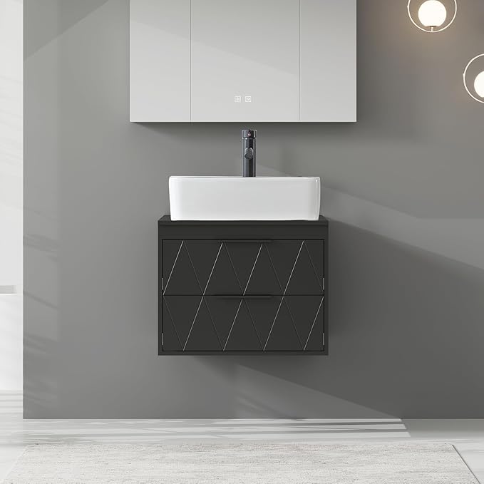 eclife 24" Floating Bathroom Vanities with Sink Combo, Wall Mounted Modern Cabinet W/Diamond Line Pattern Design, White Black Ceramic Vessel Sink W/Water Save Faucet & Pop Up Drain, Black