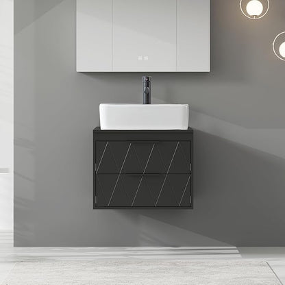 eclife 24" Floating Bathroom Vanities with Sink Combo, Wall Mounted Modern Cabinet W/Diamond Line Pattern Design, White Black Ceramic Vessel Sink W/Water Save Faucet & Pop Up Drain, Black