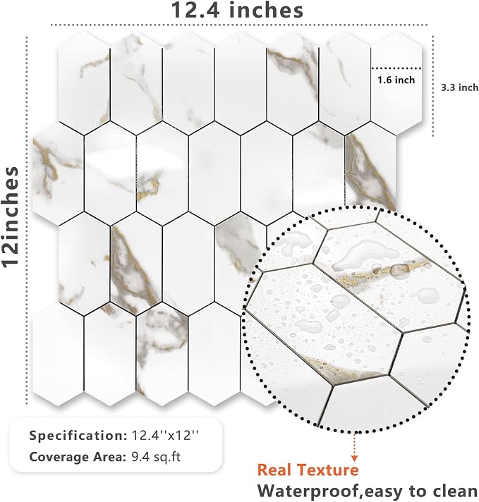 Vamos Tile Long Hexagon Peel and Stick Backsplash Tile - 10 Sheets Stick on Backsplash for Kitchen and Bathroom 12.4 x 12 Inch Glossy White Marble with Gold Veining PVC Self Adhesive Mosaic Wall Tiles
