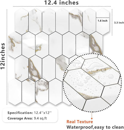 Vamos Tile Long Hexagon Peel and Stick Backsplash Tile - 10 Sheets Stick on Backsplash for Kitchen and Bathroom 12.4 x 12 Inch Glossy White Marble with Gold Veining PVC Self Adhesive Mosaic Wall Tiles