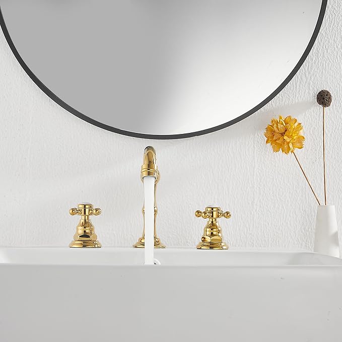 GGStudy 2 Handles 3 Holes Faucet Widespread Bathroom Sink Faucet Polished Gold Basin Tap Mixer Supply Hose Included Matching Metal Pop Up Drain