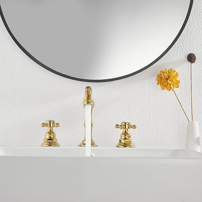 GGStudy 2 Handles 3 Holes Faucet Widespread Bathroom Sink Faucet Polished Gold Basin Tap Mixer Supply Hose Included Matching Metal Pop Up Drain