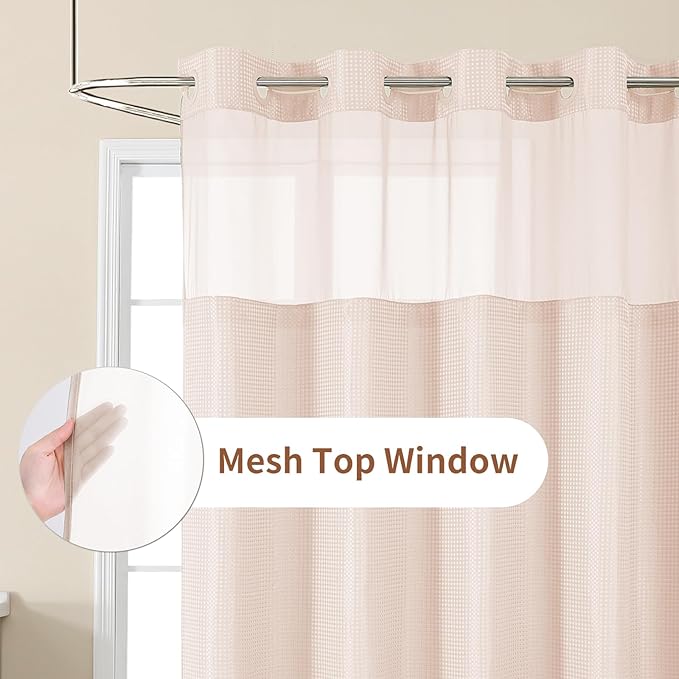 No Hook Shower Curtain with Snap in Fabric Liner, Waffle Weave Heavy Duty Thick Shower Curtains with Mesh Top Window, Hotel Style Waterproof Bathroom Curtain Set, 72 x 75 Inch, Blush Pink