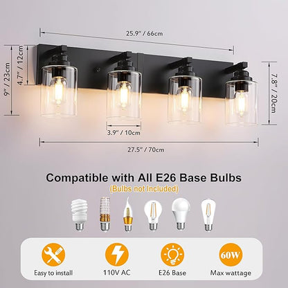 Black Bathroom Light Fixture, 4 Light Matte Black Vanity Light, 27.5" Modern Bathroom Lighting Fixtures Over Mirror, with Clear Glass Shade, Vanity Lights for Bathroom Bedroom Hallway