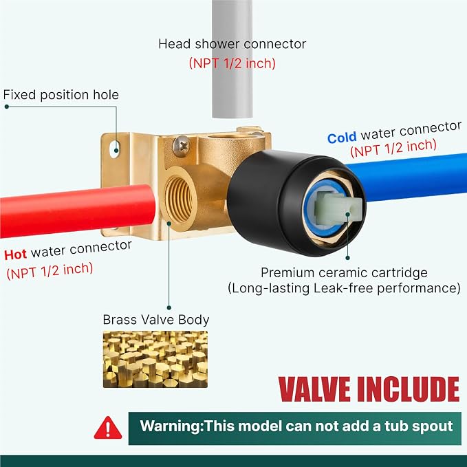 Heyalan 8-Inch Round Rain Shower Faucet Set with Valve, Matte Black | SUS304 stainless steel shower head, brass rough-in valve, single-handle control, 1.8 GPM, ideal for bathroom remodels