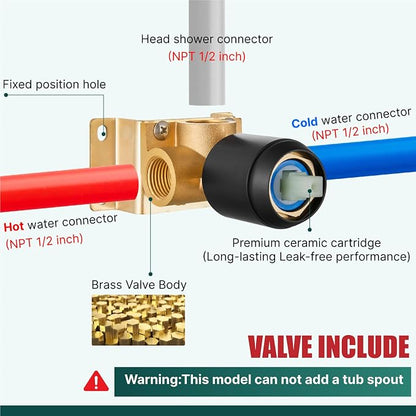 Heyalan 8-Inch Round Rain Shower Faucet Set with Valve, Matte Black | SUS304 stainless steel shower head, brass rough-in valve, single-handle control, 1.8 GPM, ideal for bathroom remodels