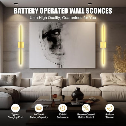 Battery Operated Wall Sconces Set of 2 Rechargeable LED Wall Lights, Dimmable 3000K-6500K, Battery Sconces Wall Decor for Bedroom Living Room Hallwayated Wall Sconce （2 Pack）