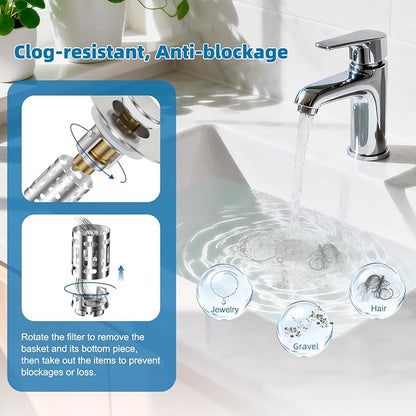 Hibbent 2 Pack Universal Bathroom Sink Drain Strainer, 3 in 1 Pop Up Stopper, Removable Stainless Steel Filter Basket, Brass Bullet Core, Hair Catcher Sink Plug for 1.1''~2.36'' Hole, Brushed Nickel