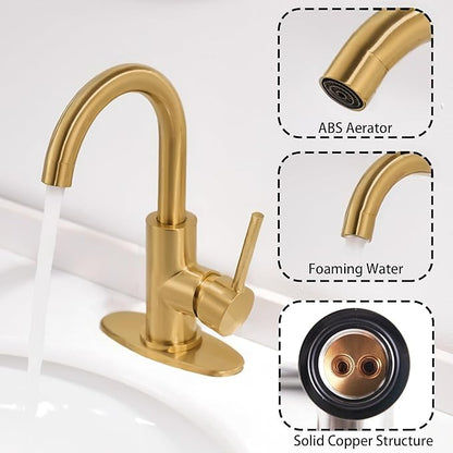 Gold Bathroom Faucets - Single Hole Waterfall Vanity Sink Faucet with Drain Assembly, Brushed Gold Waterfall Bathroom Faucets 360° Swivel Spout Vanity Faucet Single Handle Lavatory Faucets