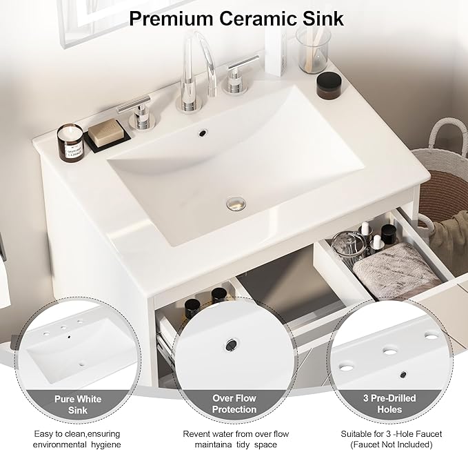 24 inch Bathroom Vanity with Sink, Floating Bathroom Vanity, Wall Mount & 2 Soft-Close Drawers, Modern Floating Vanity with Ceramic Sink, White