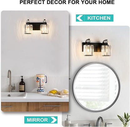 Black Bathroom Light Fixtures with K9 Crystal Lampshade Bathroom Lighting Over Mirror Vanity Lights for Living Room,Bedroom,Restroom,Hallway 2 Lights
