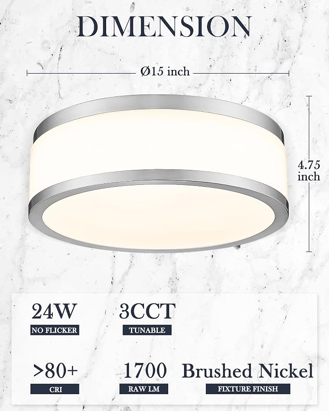 15 Inch LED Flush Mount Ceiling Light, 24W Modern Brushed Nickel Ceiling Lamp, 3CCT 3000K/4000K/5000K, Dimmable, Bathroom, Bedroom, LMS-054BN
