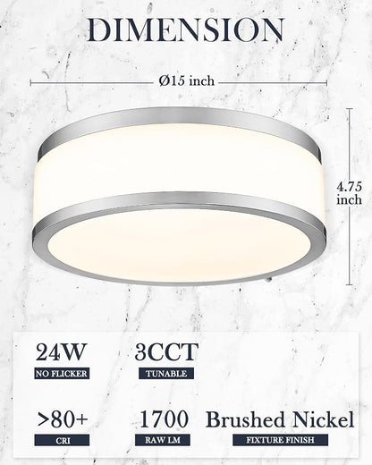 15 Inch LED Flush Mount Ceiling Light, 24W Modern Brushed Nickel Ceiling Lamp, 3CCT 3000K/4000K/5000K, Dimmable, Bathroom, Bedroom, LMS-054BN