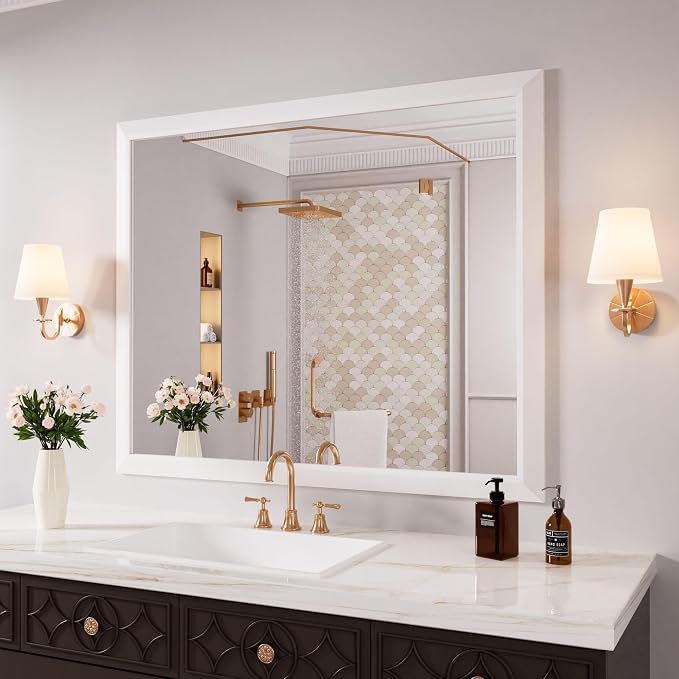 Bathroom Mirror for Wall, 44x36 Inch (White) | HD Reflection, Tempered Glass, Thick Metal Framed Rectangle Mirrors for Over Sink, Vanity, Bedroom, Living Room, Entryway.