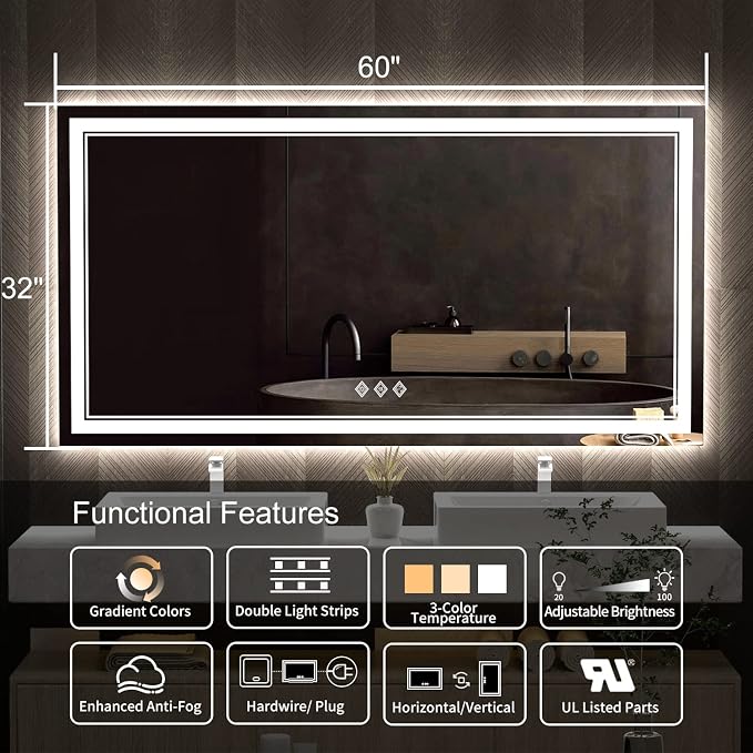 LED Bathroom Mirror, 60x32 Inch Gradient Front and Backlit Bathroom Mirror, 3 Colors Dimmable CRI>90 Double Lights, IP54 Enhanced Anti-Fog, Hanging Plates Wall Mount Lighted Mirror