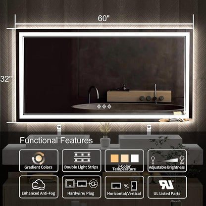 LED Bathroom Mirror, 60x32 Inch Gradient Front and Backlit Bathroom Mirror, 3 Colors Dimmable CRI>90 Double Lights, IP54 Enhanced Anti-Fog, Hanging Plates Wall Mount Lighted Mirror
