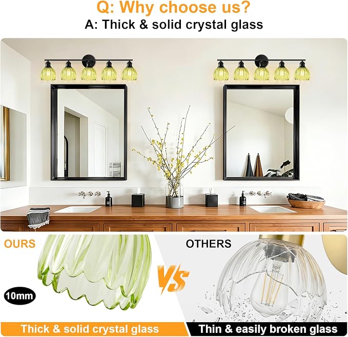 Bathroom Light Fixtures, 5-Light Brushed Black Vanity Lights for Bathroom with Green Tulip Glass Shade, 30" Vintage Bathroom Vanity Lighting Fixtures Over Mirror for Bedroom Living Room Hallway