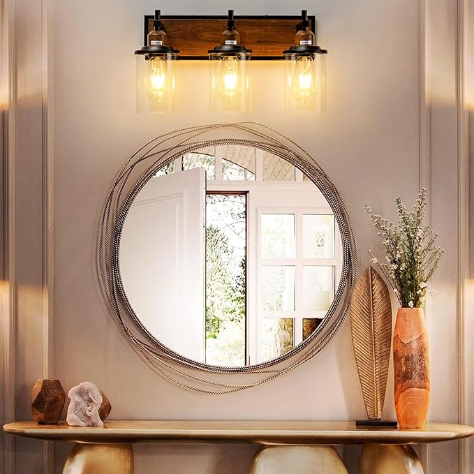 3-Light Farmhouse Bathroom Light Fixtures Vintage Vanity Lights Over Mirror Black and Wood Painted Metal Vanity Light with Glass Shades E26 Socket