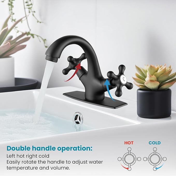 gotonovo Bathroom Sink Faucet Single Hole Double Cross Handle Knobs Lavatory Vessel Sink Mixer Tap Bathroom Faucet with Pop up Drain and Deck Cover Plate Matte Black