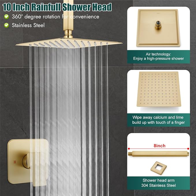 Heyalan 10-Inch Ceiling Mount Shower Faucet Set with Valve, Brushed Gold | Rainfall shower head, ceiling-mount design, SUS304 steel, adjustable angle, single-handle control