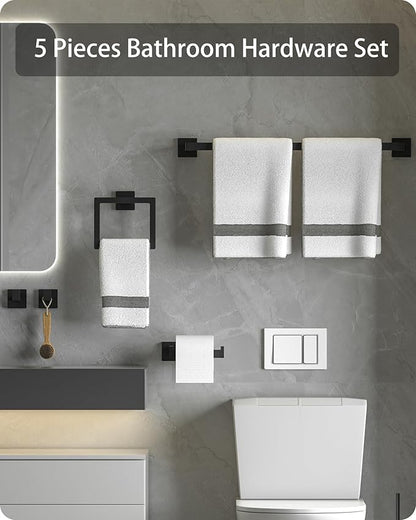 Bathroom Hardware Set Square,5 Pieces Bathroom Hardware Accessories Set Includs16 inch Towel bar, Towel Ring, Toilet Paper Holder, Towel Hooks (Black-5PCS-16Inch)