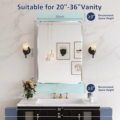Medicine Cabinet Mirror 20x28 Inch, Brushed Nickel Bathroom Mirror Cabinet with Stepless Adjustable Shelves, Stainless Steel Frame, Bathroom Mirror with Storage Recessed or Wall Mount