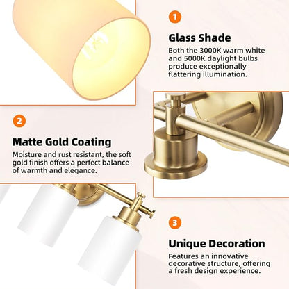 3-Light Gold Bathroom Vanity Light Fixtures, Brushed Gold Wall Sconce, Champagne Gold Vanity Light with Milky White Glass Shade Over Mirror, Bathroom, Bedroom, Modern Style, E26 Base | Champagne Gold Vanity Light Over Mirror with Milky White Glass Shad...