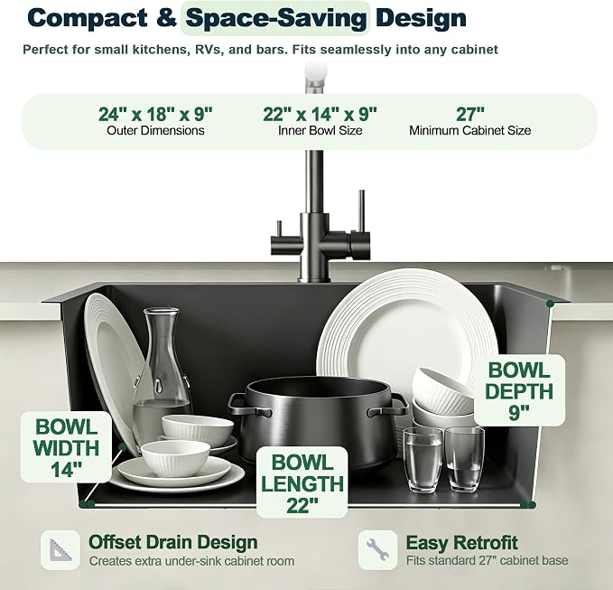 24x18x9 Inch Drop in Kitchen Sink | 304 Black Stainless Steel Single Bowl,Right Offset Drain, R10 Tight Corner, Topmount Kitchen Sink with Strainer & Bottom Grid