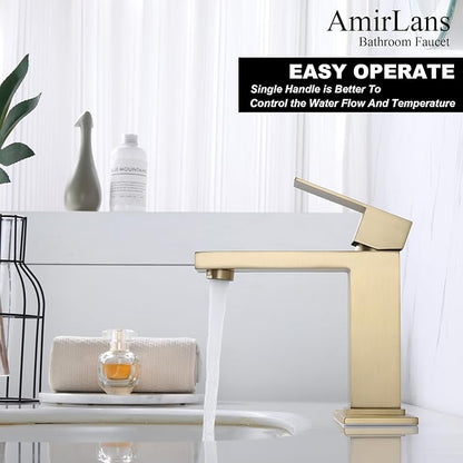 Brushed Gold Bathroom Faucets Single Hole, Single Handle Stainless Steel Faucet for Bathroom Sink with Pop Up Stopper, Gold Vanity Faucet AML-1141-BG