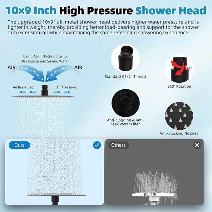 Hibbent 10'' Rainfall Shower Head with 4-mode Handheld Spray, Matte Black | cUPC Certified High Pressure Showerhead Combo, 12'' Adjustable Extension Arm, Extension Bar, Easy Reach Holder, 71'' Hose