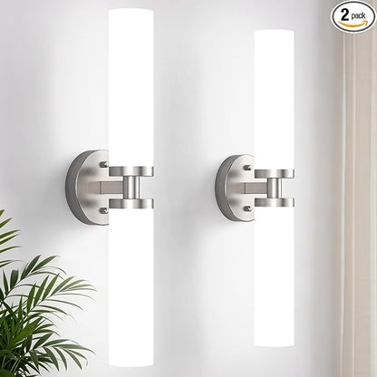 Wall Sconces Set of 2 Hardwired Bathroom Light Fixtures E26 Base | Brushed Nickel, 22Inch, Modern Vanity Wall Lighting with Milky White Glass Shade, for Mirror Hallway Bedroom Living Room