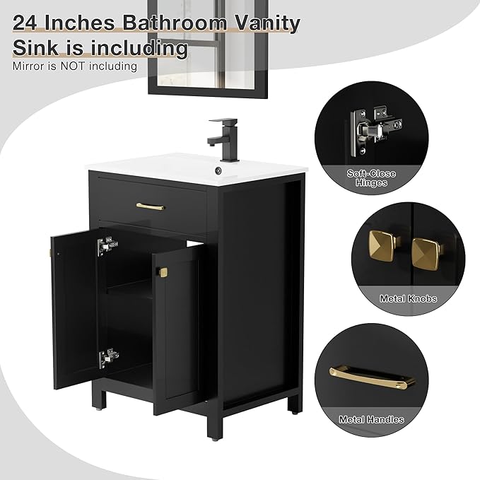 LUCKWIND 24" Bathroom Vanity with Sink Combo, Painted Modern Bathroom Storage Cabinet with Ceramic Sink, Two Doors, Include Faucet Without Mirror, Black