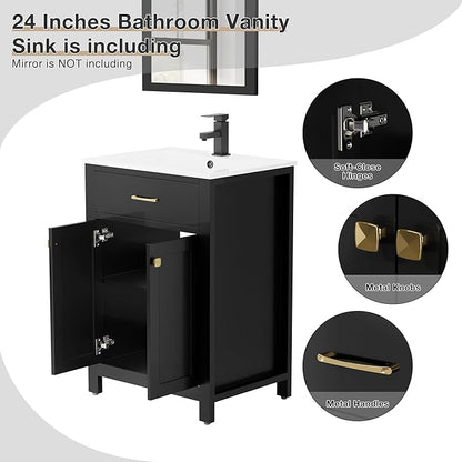 LUCKWIND 24" Bathroom Vanity with Sink Combo, Painted Modern Bathroom Storage Cabinet with Ceramic Sink, Two Doors, Include Faucet Without Mirror, Black
