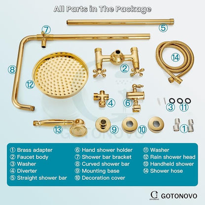 gotonovo Exposed Shower System Wall Mount,Polish Gold,Metal Handheld | 8” Rain Shower Head Faucet Set Fixtures,2 Function,Two Cross Handle,Height Adjustable,for 5-6.7" Hole,Indoor Victorian Retro