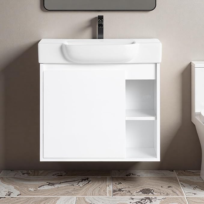 24" Bathroom Vanity with Ceramic Sink, Farmhouse Cabinet, White | Ceramic Sink, Soft-Close Door, Interior Compartment and 2-Tier Open Side Shelves, 45° Inclined Edge Handle