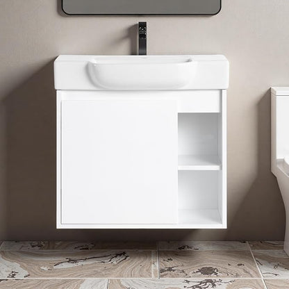 24" Bathroom Vanity with Ceramic Sink, Farmhouse Cabinet, White | Ceramic Sink, Soft-Close Door, Interior Compartment and 2-Tier Open Side Shelves, 45° Inclined Edge Handle