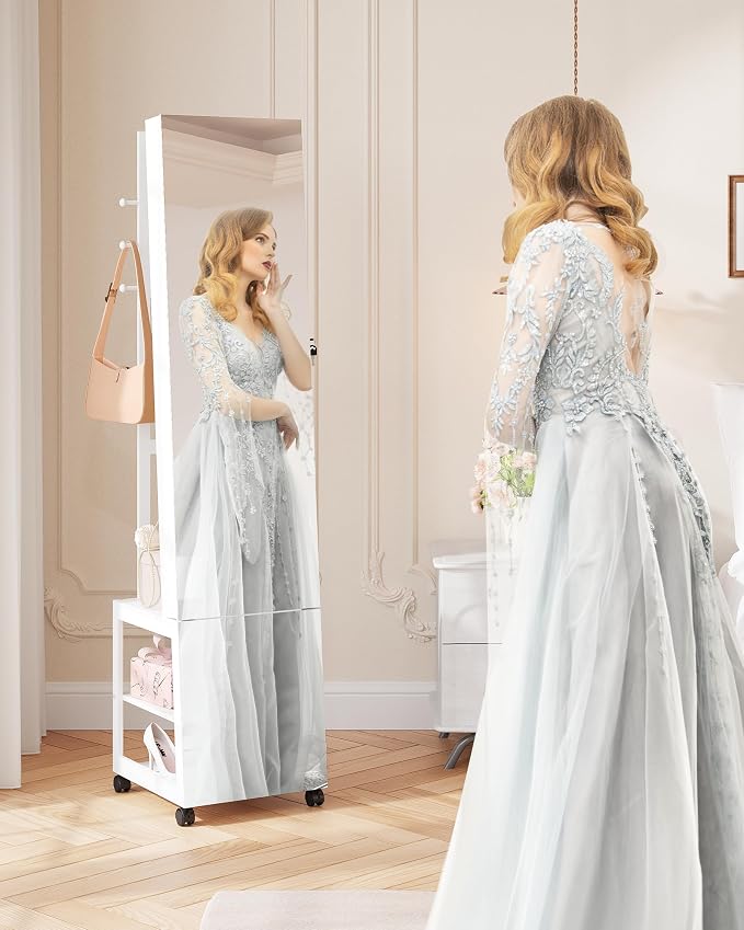 Hzuaneri Jewelry Cabinet with Light strip, 66.5-inch mirror Jewelry Armoire Standing with Garment Rack,Movable Full-length Mirror with Wheels,Lockable Storage Shelves with Hooks, White JC17103B