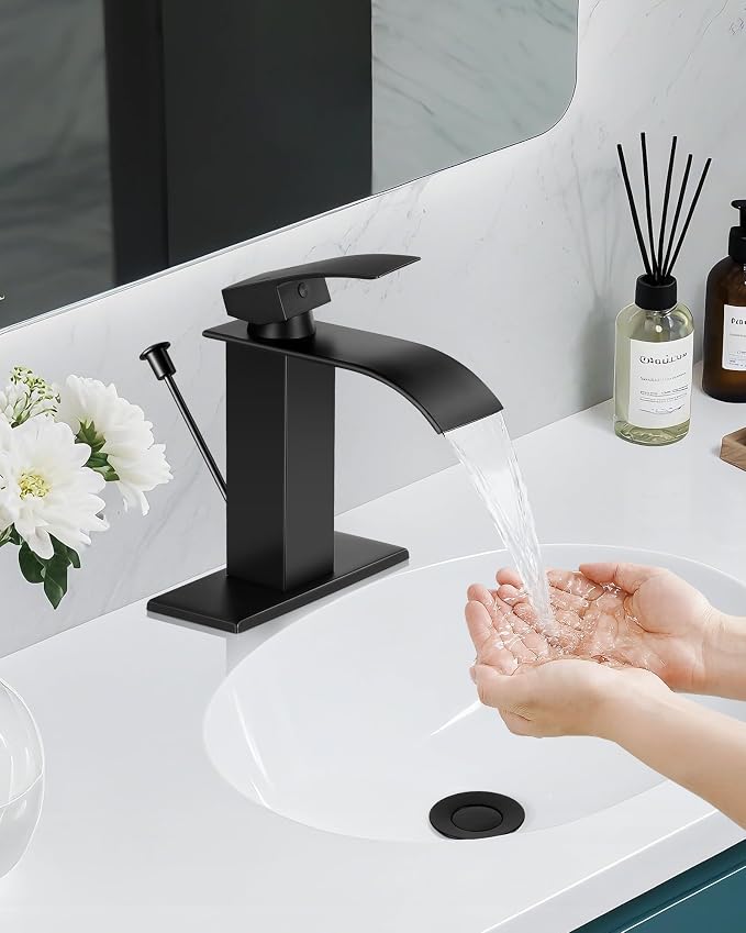 Black Waterfall Bathroom Faucet Single Handle with Lift Rod Drain | Bathroom Sink Faucet,Stainless Steel,supply hoses Deck included,1 or 3 Hole,Fits home,RV,farmhouse bathrooms