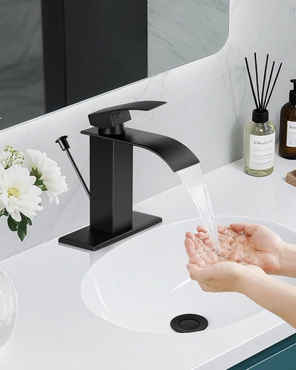 Black Waterfall Bathroom Faucet Single Handle with Lift Rod Drain | Bathroom Sink Faucet,Stainless Steel,supply hoses Deck included,1 or 3 Hole,Fits home,RV,farmhouse bathrooms